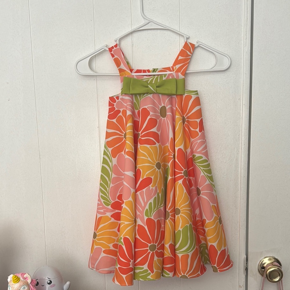 Vibrant Floral Kids Dress with Green Bow